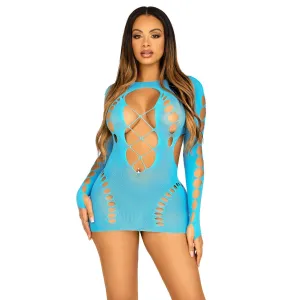 Seamless Cut Out Long Sleeve Mini Dress With Faux Lace Up Detail - One Size - Turquoise