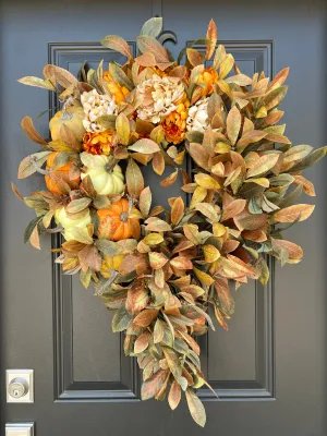 Seasonal Cascading Wreath with Orange, Cream, and Green Pumpkins