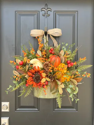 Season's Harvest Bounty Bucket Wreath with Pumpkins, Gourds, Pinecones and Bittersweet