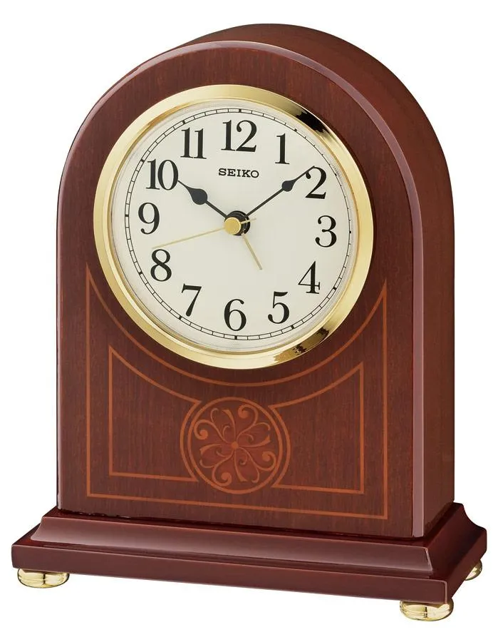 Seiko Decorative Inlay Desk or Table Alarm Clock - Brown Finish - Brass Accents