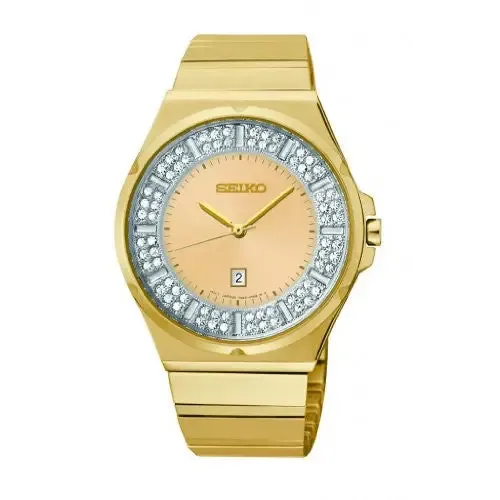 Seiko Women's Champagne Dial Swarovski Crystals Gold Tone Watch SXDF72