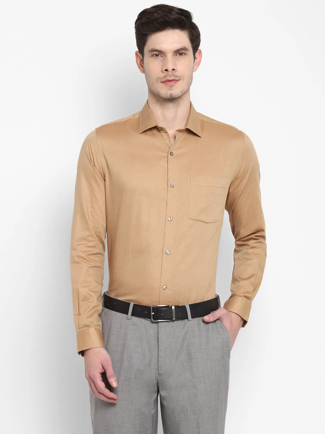 Self Design Beige Slim Fit Formal Shirt