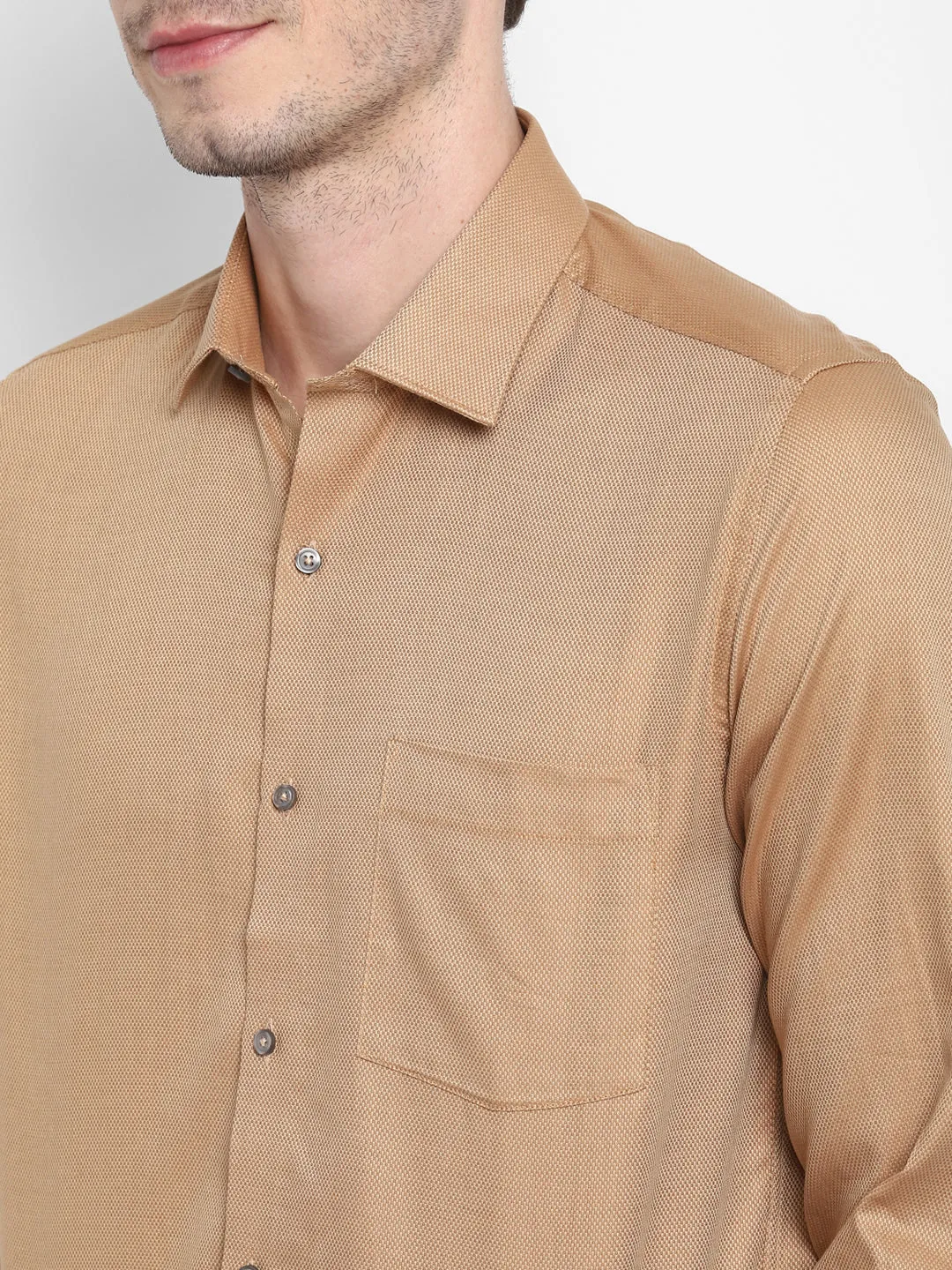 Self Design Beige Slim Fit Formal Shirt