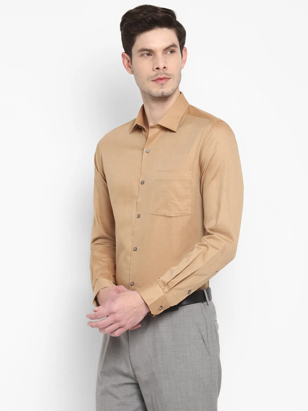 Self Design Beige Slim Fit Formal Shirt