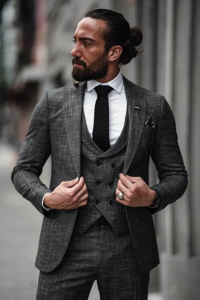 Self-Patterned Charcoal Gray Suit