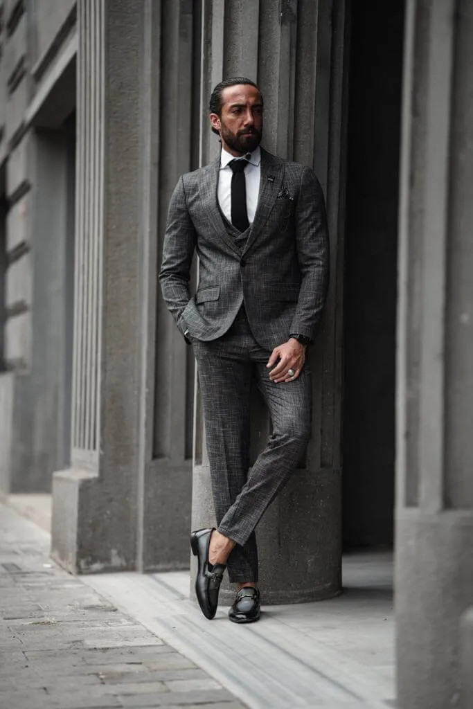 Self-Patterned Charcoal Gray Suit