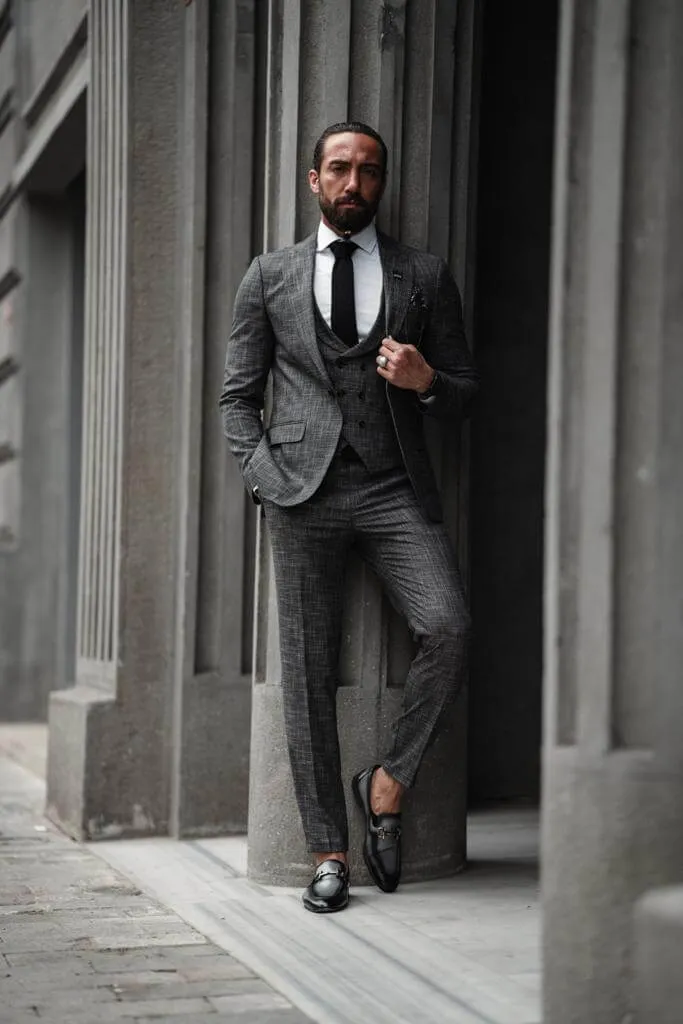 Self-Patterned Charcoal Gray Suit