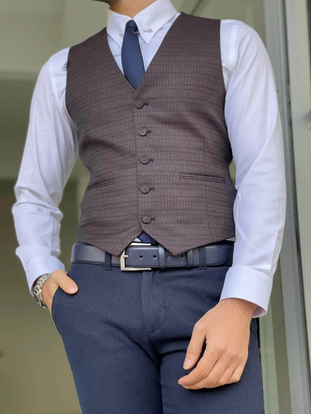 Self Patterned Navy Blue Men's Waist Coat