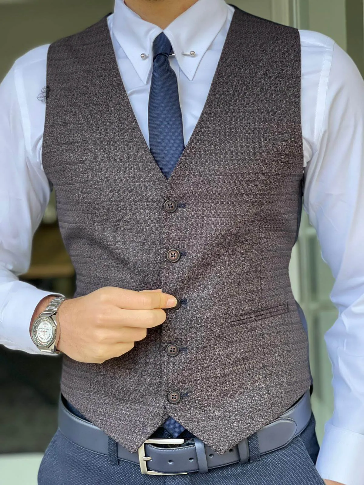 Self Patterned Navy Blue Men's Waist Coat