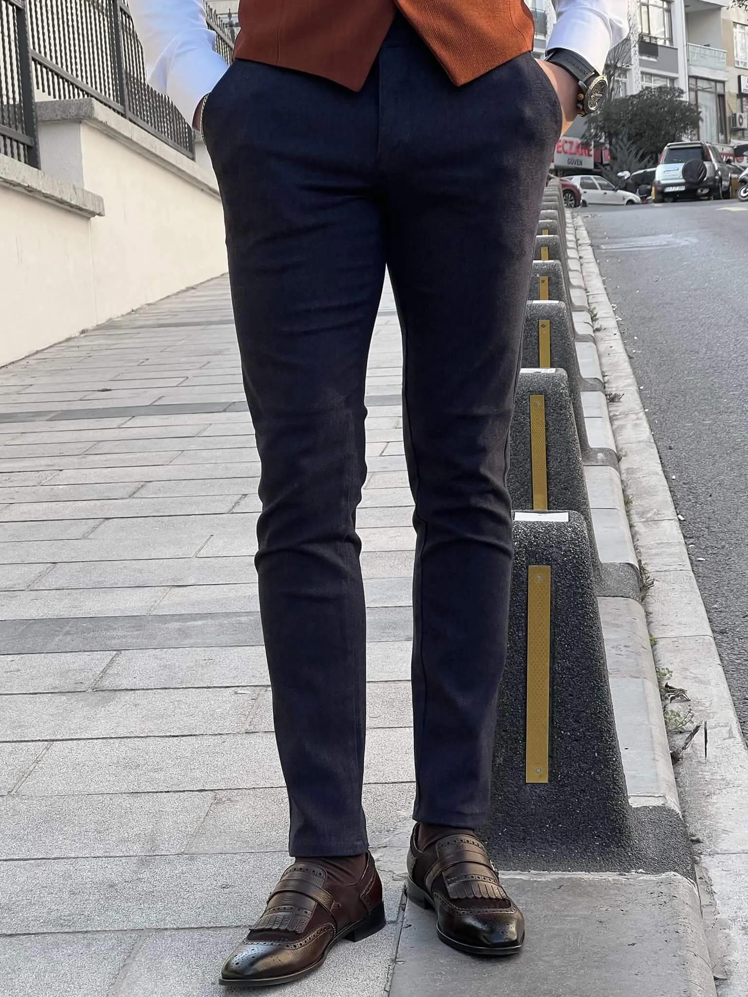 Self Patterned Navy Blue Pants