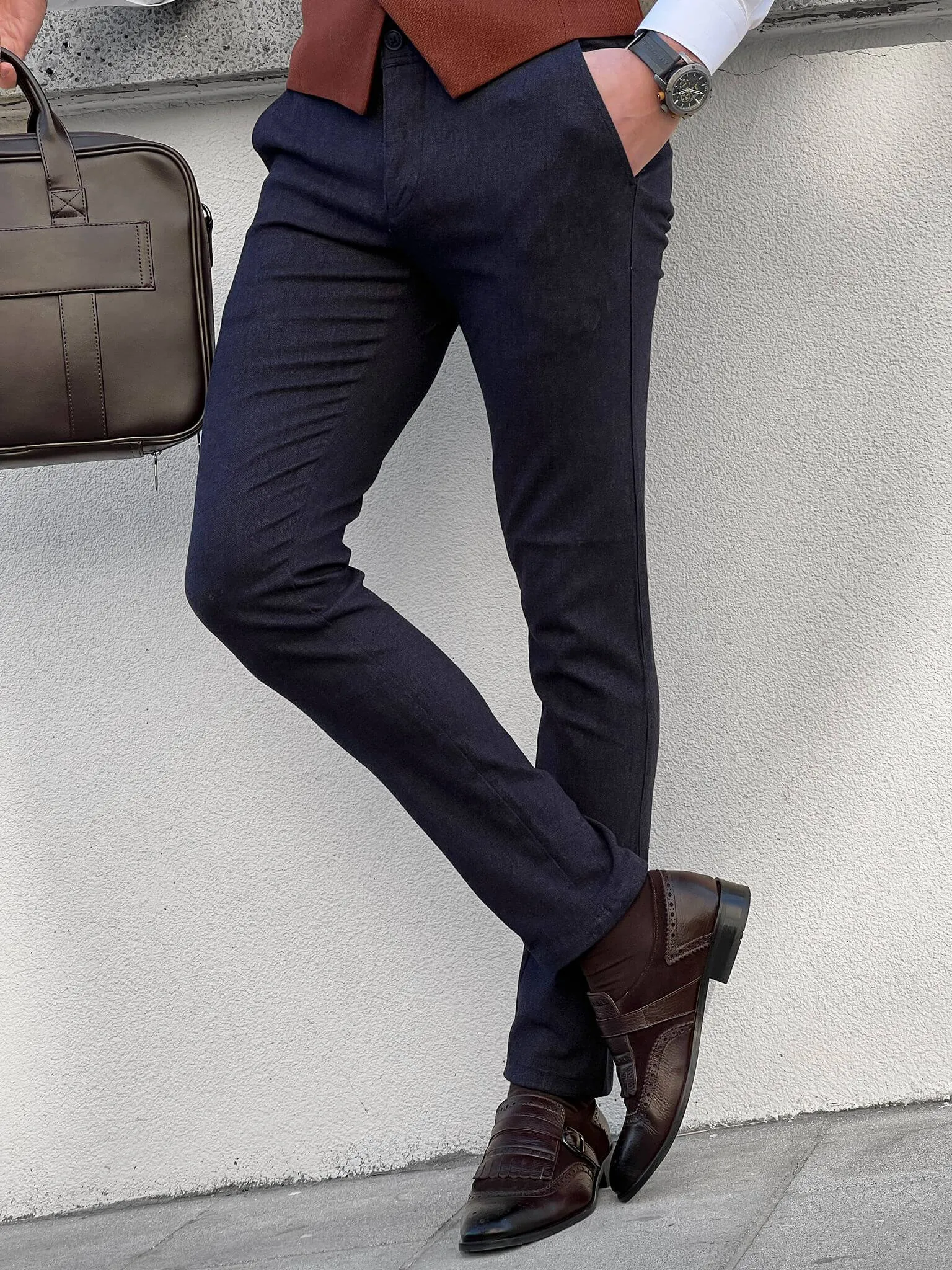 Self Patterned Navy Blue Pants