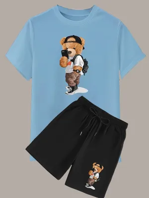 Selfie Bear Cartoon Print Mens Loungewear Set Cool  Stylish