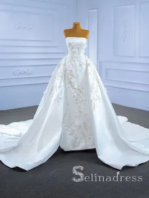 Selinadress Strapless Satin Wedding Dress White Applique Beaded Bridal Gowns SPL67282