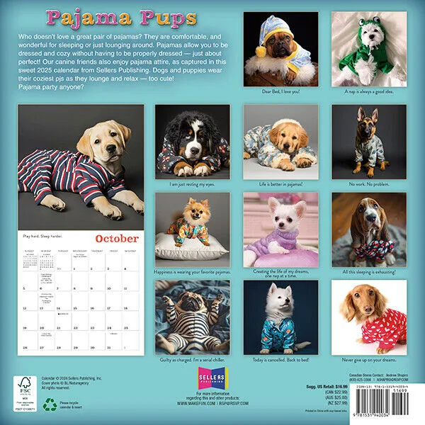 Sellers Publishing Pajama Pups 2025 12 x 12 Wall Calendar