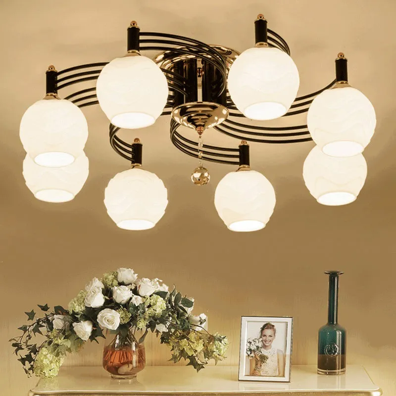 Semi Flush Mount Vintage Style Black Ceiling Light Fixture with White Swirl Glass & Multiple Head Options