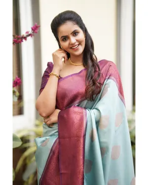 Sempiternal Sky Soft Silk Saree With Denouement Blouse Piece