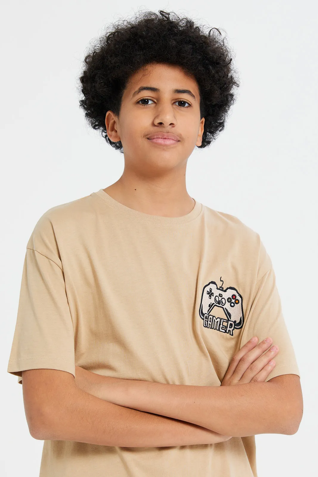 Senior Boys Beige Oversize Gamer Embroidery T-Shirt