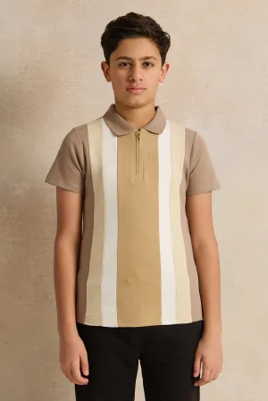 Senior Boys Beige Striped Polo Shirt