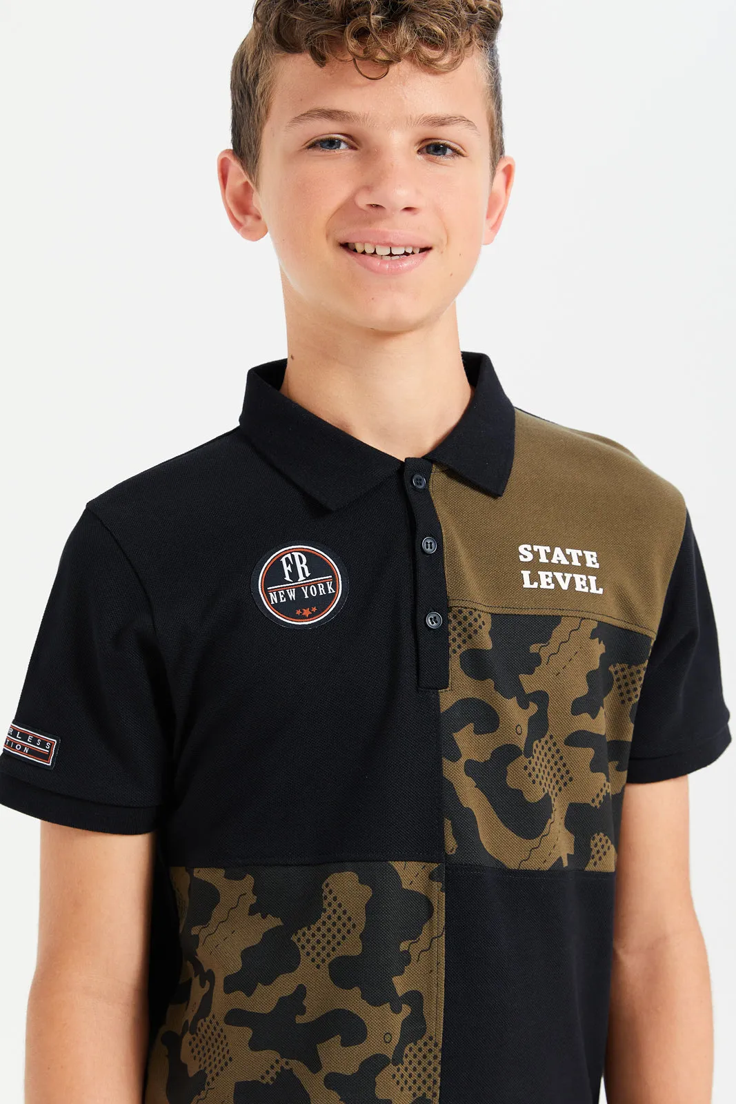 Senior Boys Black And Olive  Regular Collar Polo T-Shirt