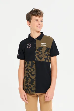 Senior Boys Black And Olive  Regular Collar Polo T-Shirt