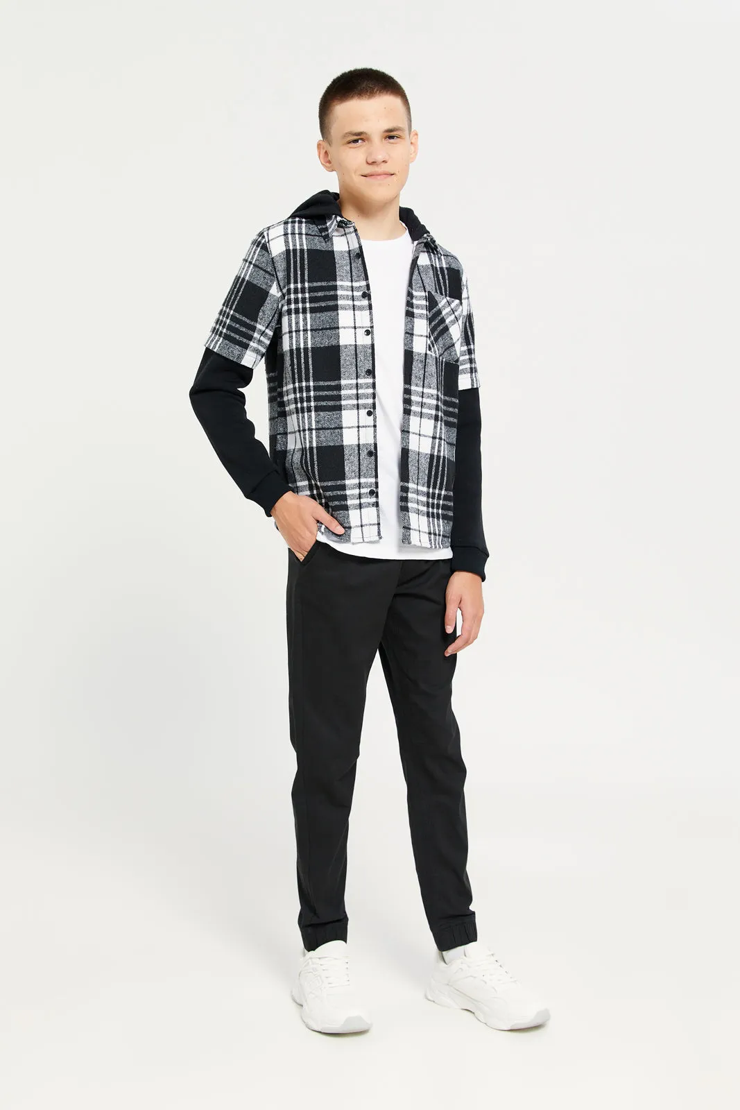 Senior Boys Black Checkered Hooded Shirt