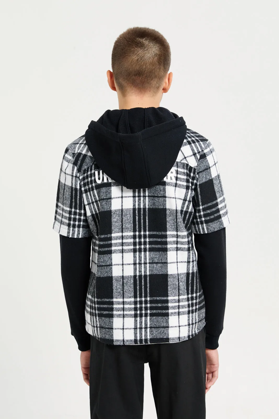 Senior Boys Black Checkered Hooded Shirt