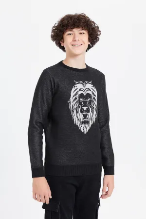 Senior Boys Black Lion Face Jacquard Pullover