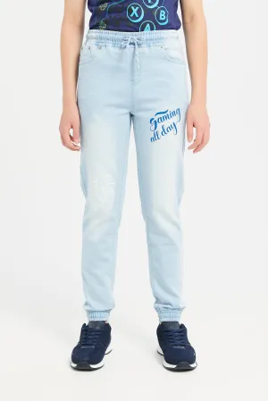 Senior Boys Blue Denim Printed Jogger Jeans