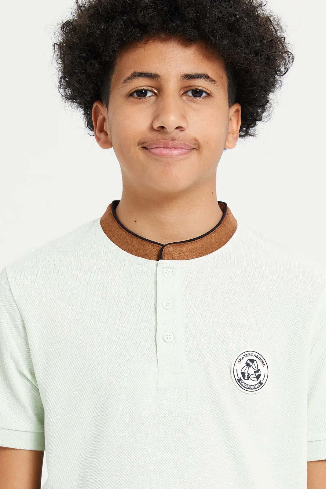 Senior Boys Green Mandarin Collar Polo T-Shirt