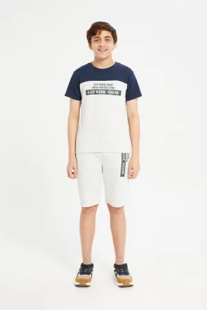 Senior Boys Grey And Navy Printed T-Shirt With Short Set (2 Piece)