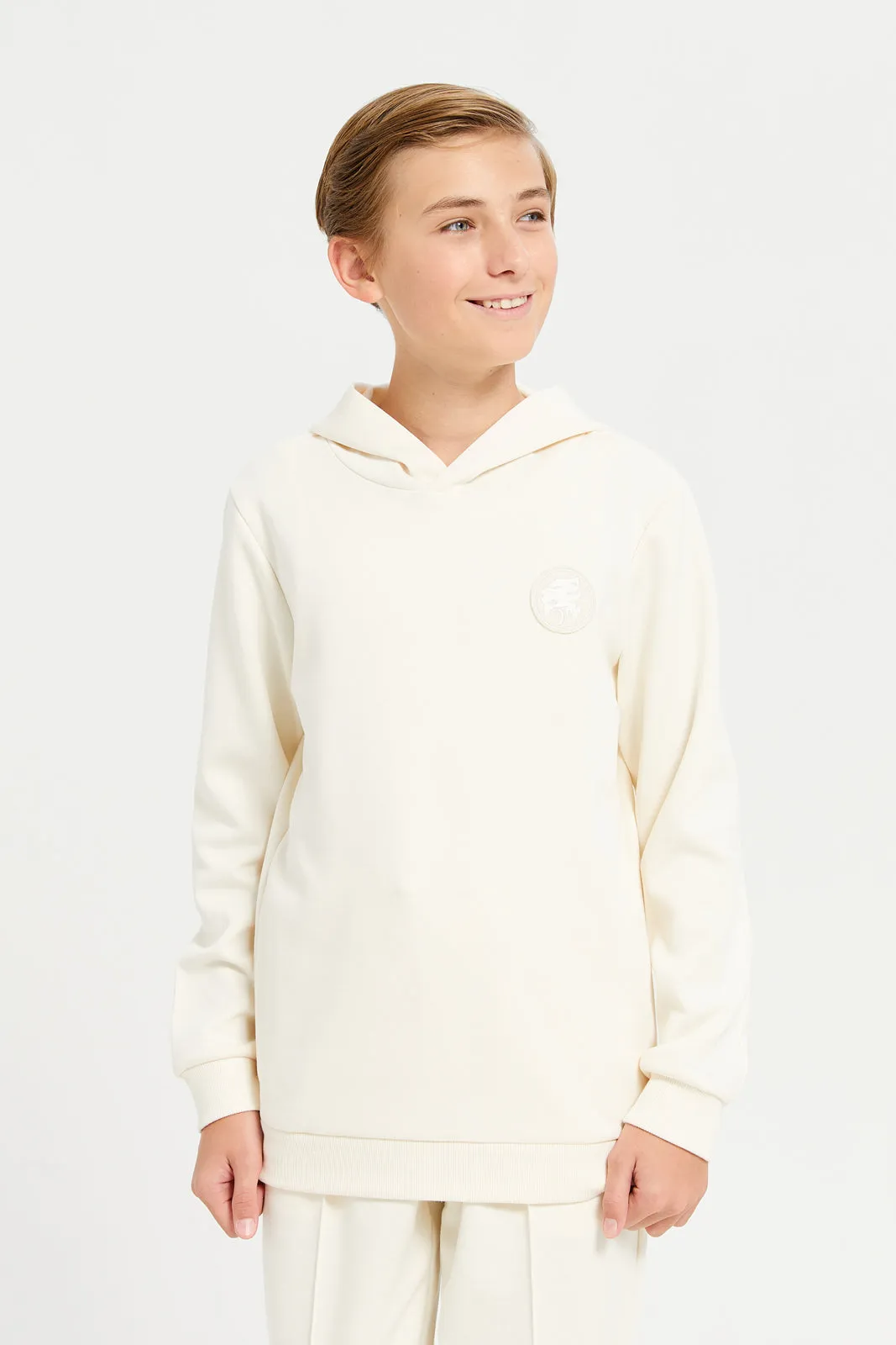 Senior Boys Ivory Plain Hooded Sweatshirt