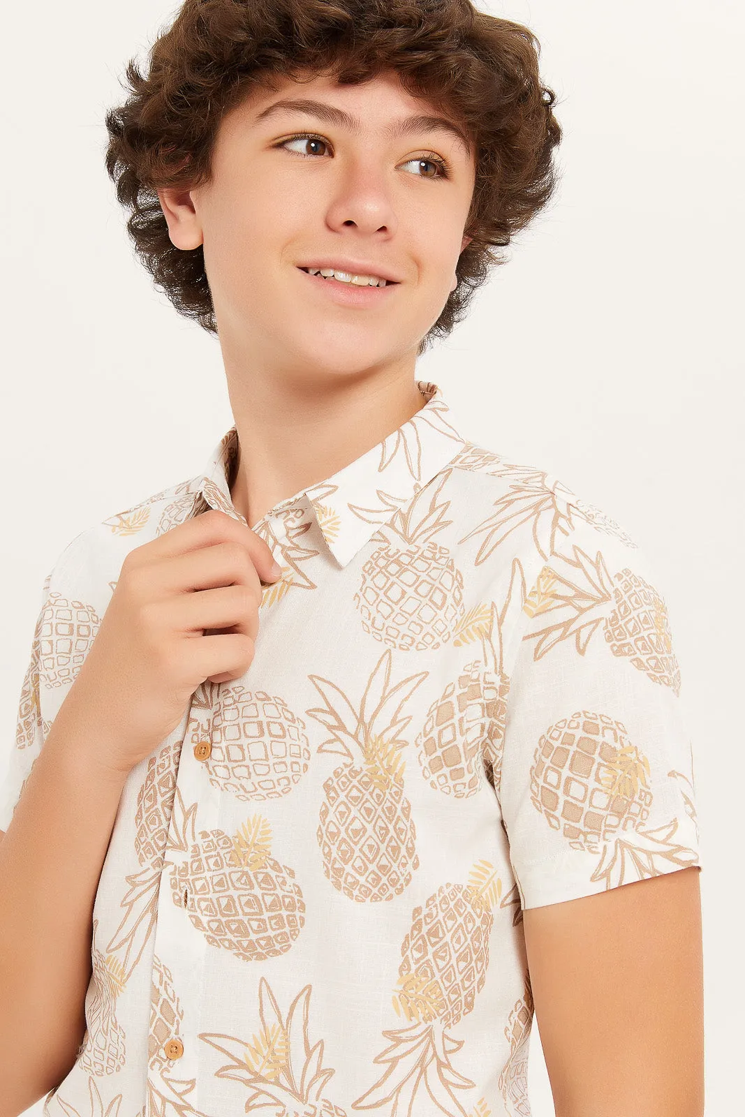 Senior Boys White And Beige Printed Shirt