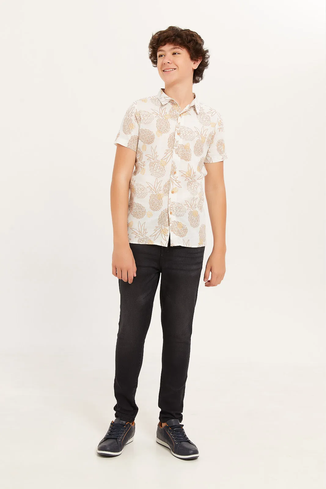 Senior Boys White And Beige Printed Shirt