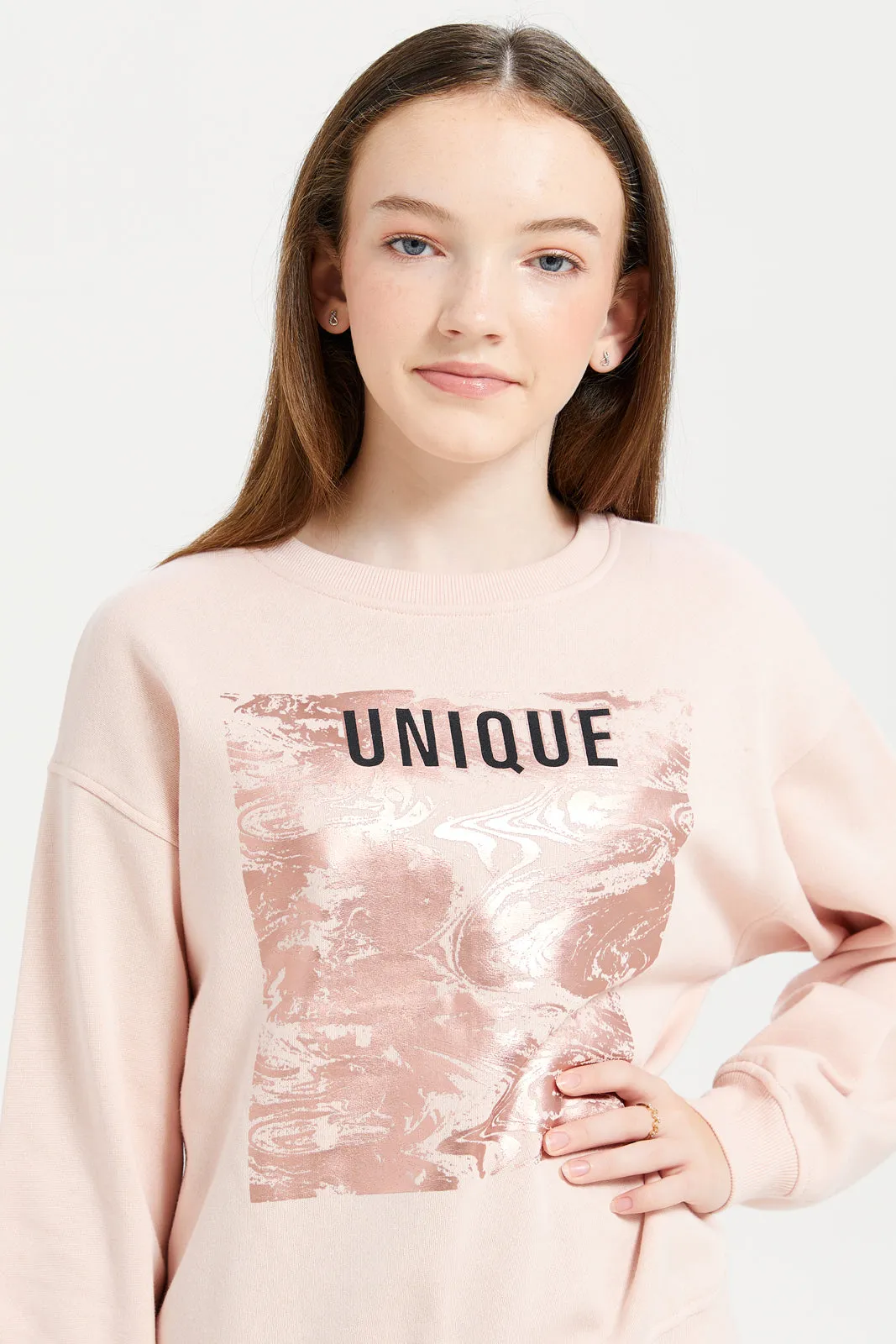 Senior Girls Pink Metallic Print Sweatshirt