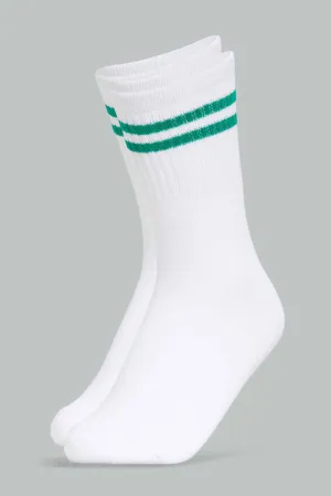 Senior Girls White and Green Stripes Full Length Socks