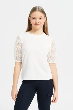 Senior Girls White Embellished Organza Sleeves T-Shirt