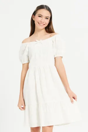 Senior Girls  White Off Shoulder Embroidered Dress