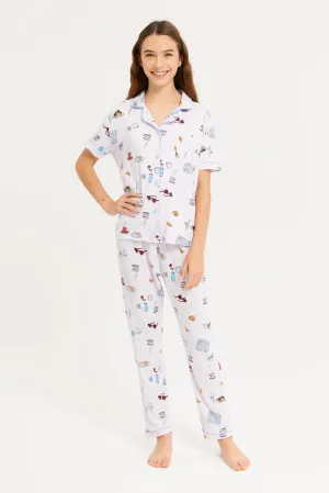 Senior Girls White Printed Shirt Pyjama Set (2 Piece)