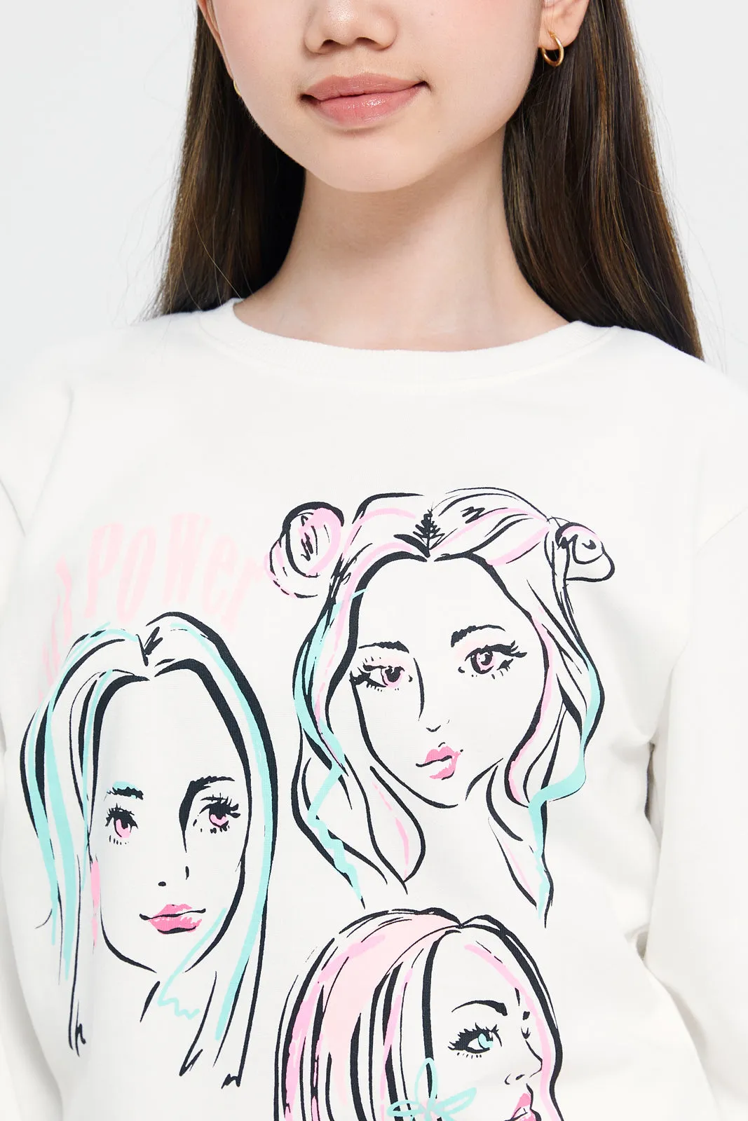 Senior Girls White printed  Sweatshirt