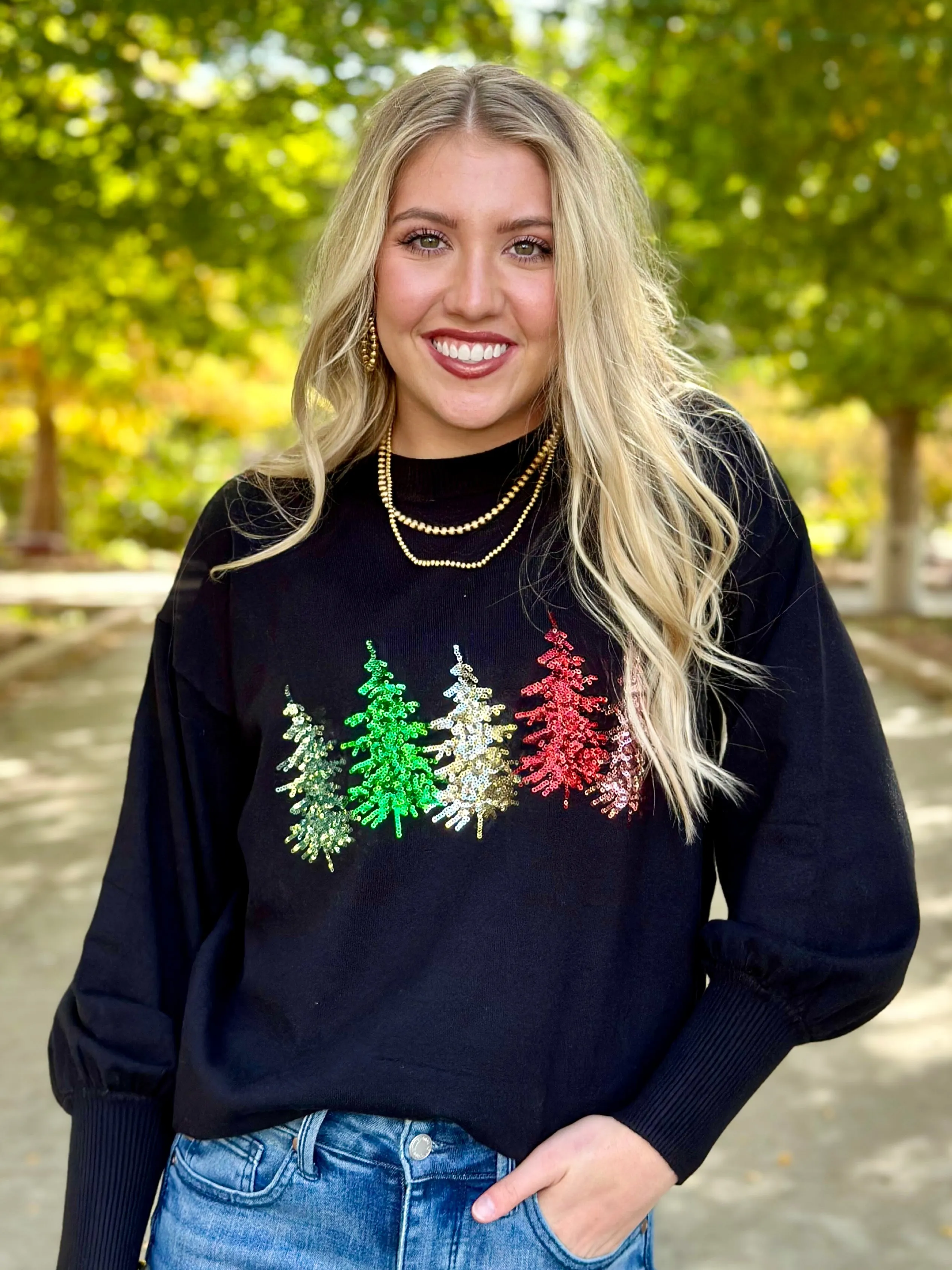 Sequin Pine Tree Black Sweater