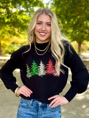 Sequin Pine Tree Black Sweater