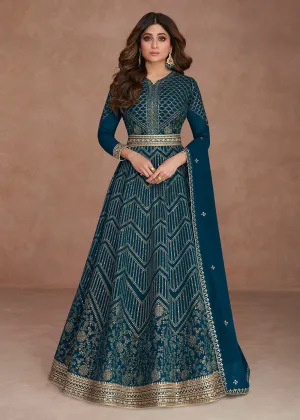 Sequined Embroidered Teal Blue Shamita Shetty Anarkali Gown