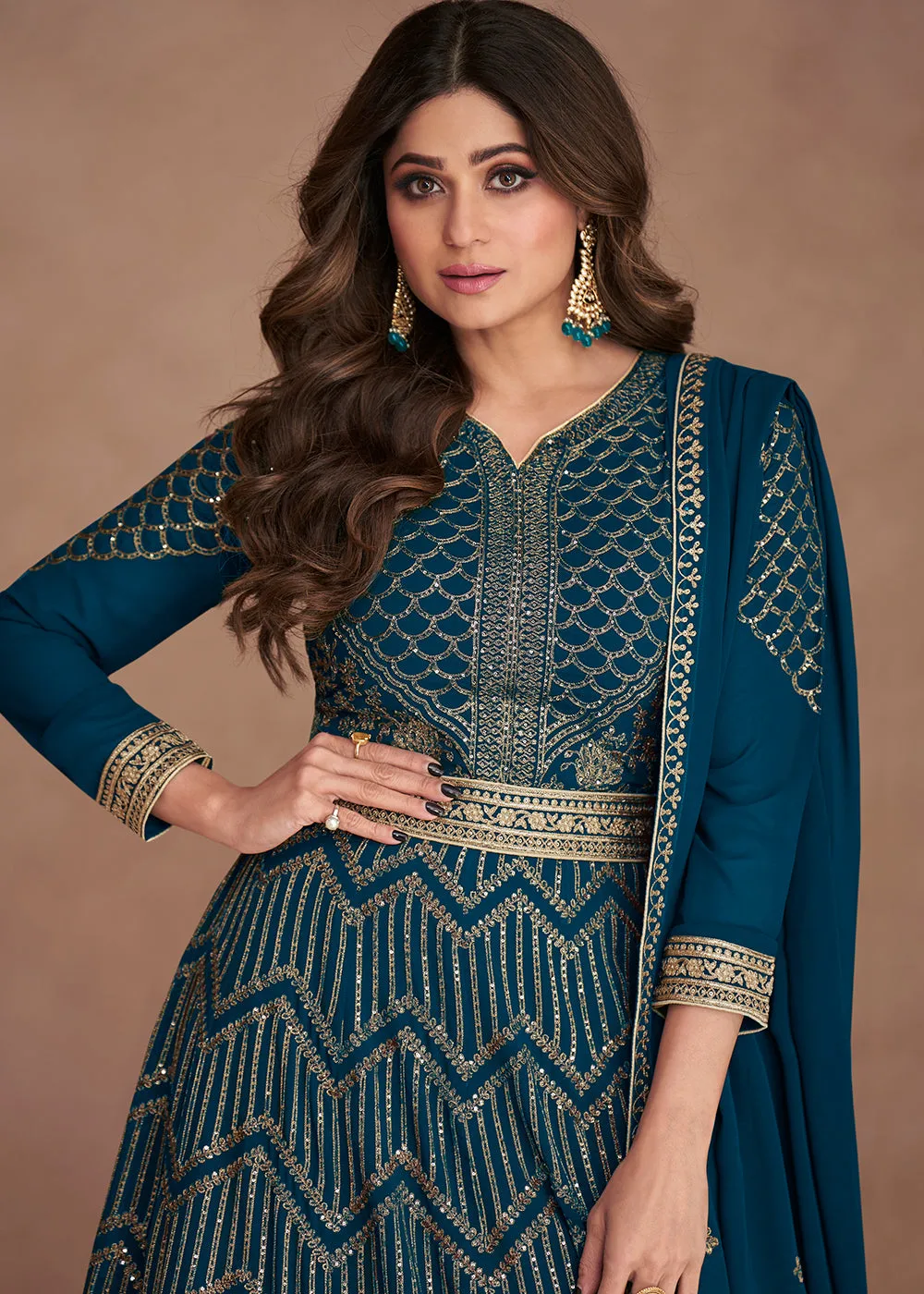 Sequined Embroidered Teal Blue Shamita Shetty Anarkali Gown