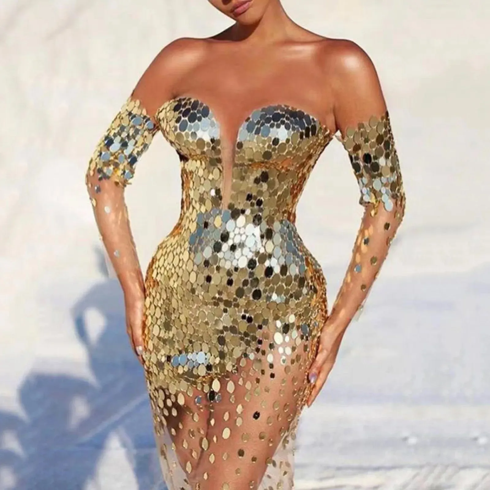 Sequins Mesh See Through Off Shoulder Tassel Gold Long Evening Night Club Prom Casual Sexy Dress