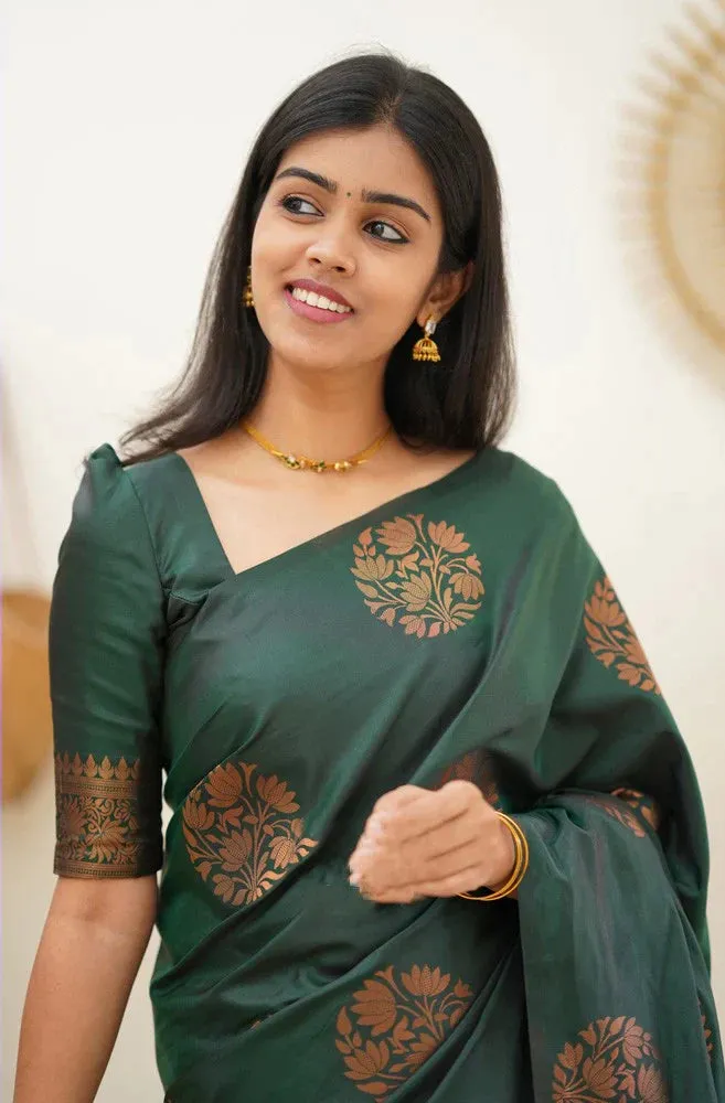 Seraglio Dark Green Soft Silk Saree With Enchanting Blouse Piece