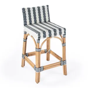 Serienna Rectangular Rattan Low Back 24.5"Counter Stool in White and Navy Stripe  5585372