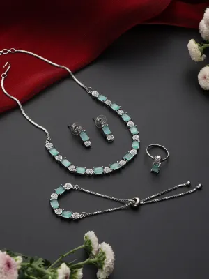 SET - Light Blue Diamond Necklace, Earring, Ring, Bracelet