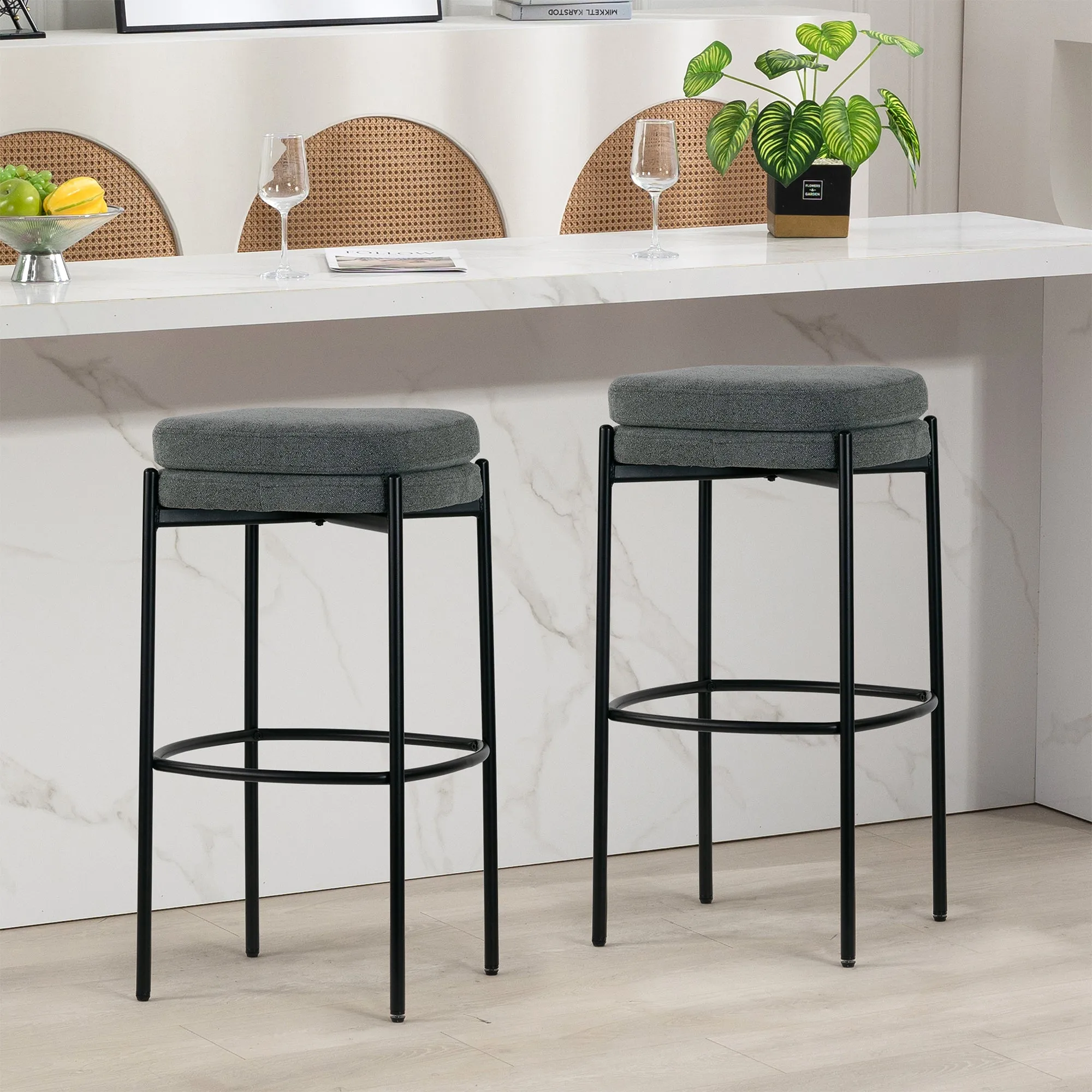 Set of 2 Avril Gray Boucle Backless Bar Stool with Black Metal Legs