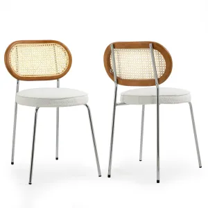 Set of 2 Azem White Boucle Fabric Dining Chair with Rattan Backrest and Chrome Legs