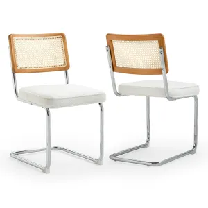 Set of 2 Aziel White Boucle Fabric Dining Chair with Rattan Backrest and Chrome Legs